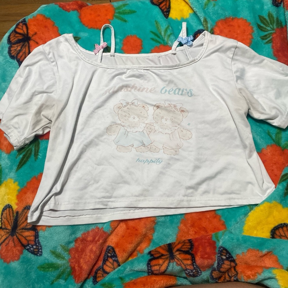 White Crop Top with Bear Print